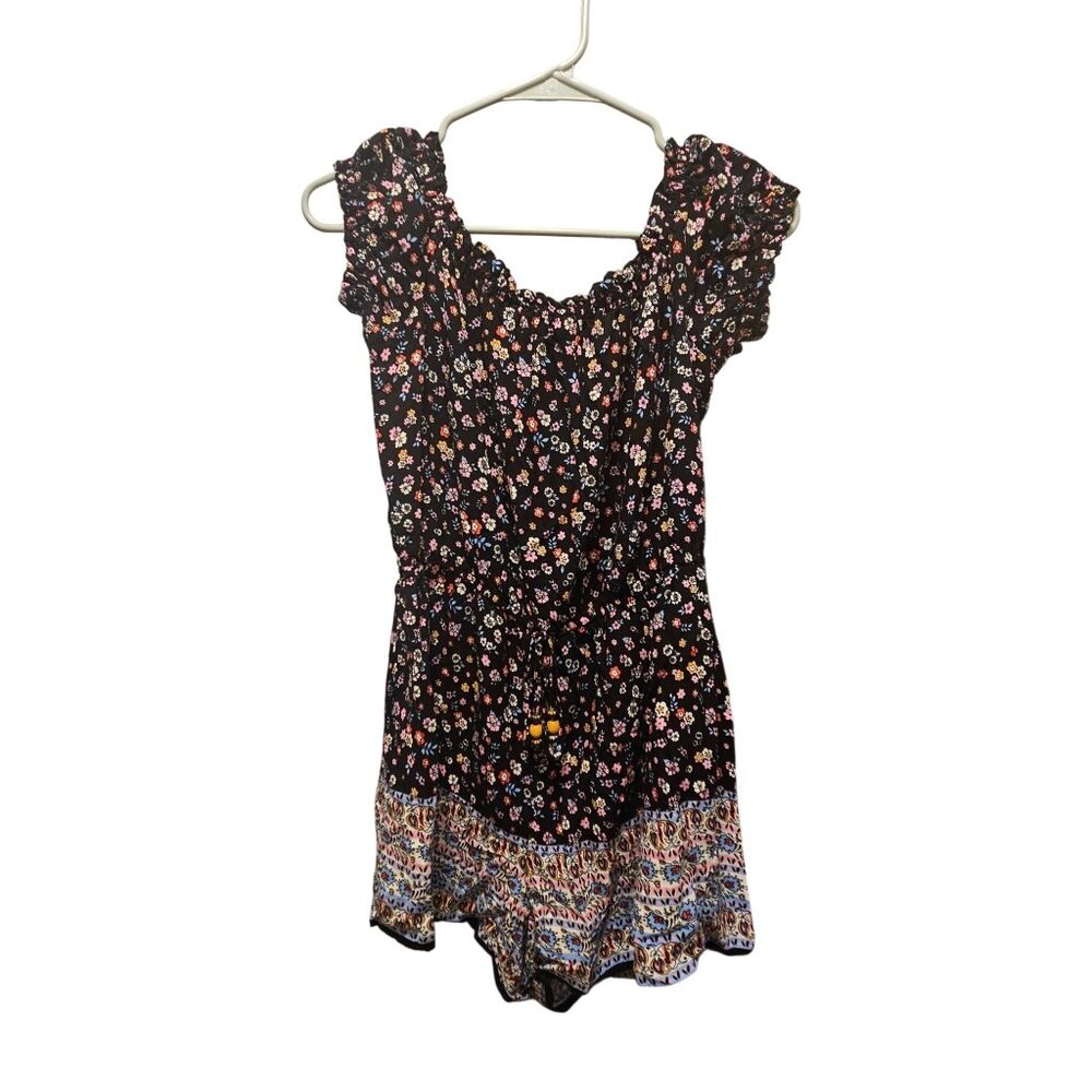 Bebop Womens Floral Boho Romper With Ruffle Sleeves & Drawstring Waist Size L